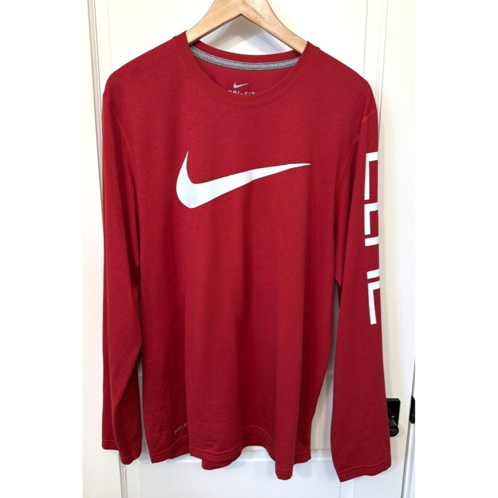 Mens Nike Elite Dri Fit Shirt L Red White Long Sleeve Casual Graphic Retro Y2K
